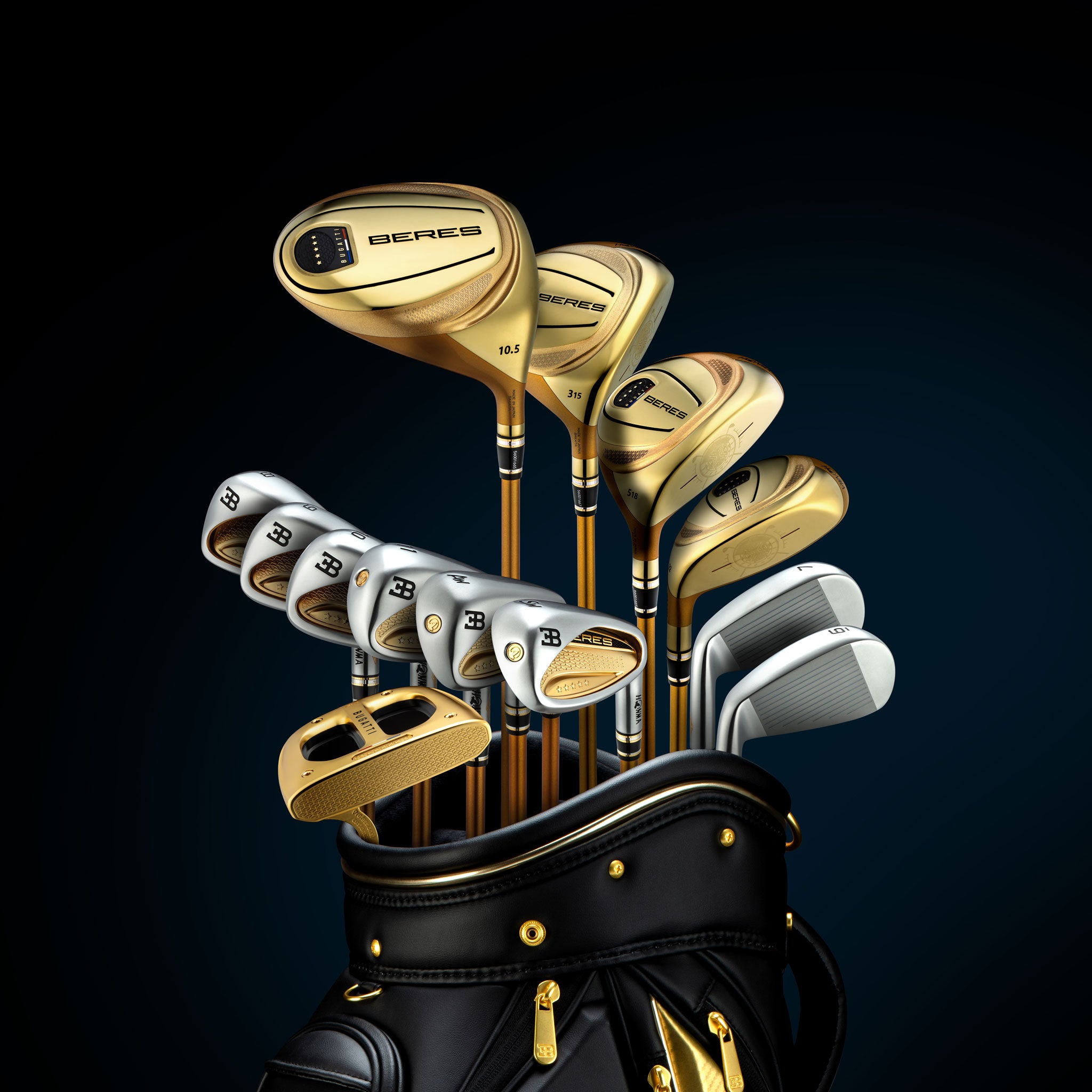 A bespoke Bugatti and Honma branded golf bag displayed next to a high-performance hypercar.