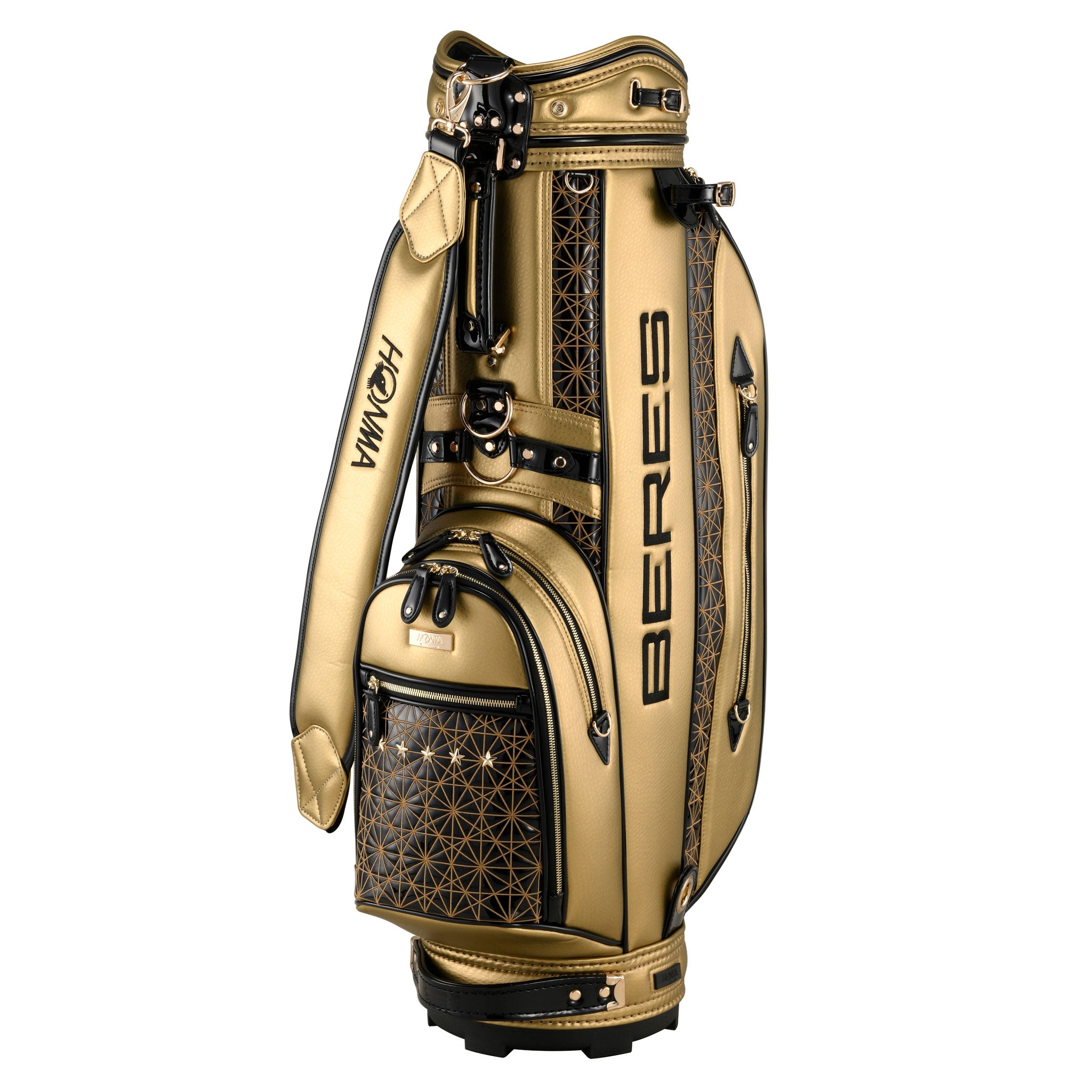 A premium Bugatti and Honma branded golf bag featuring carbon fibre accents and luxury leather detailing.
